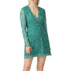 The East Order Gizele Mini Wrap Dress Green Floral Printed Crepe Size XS